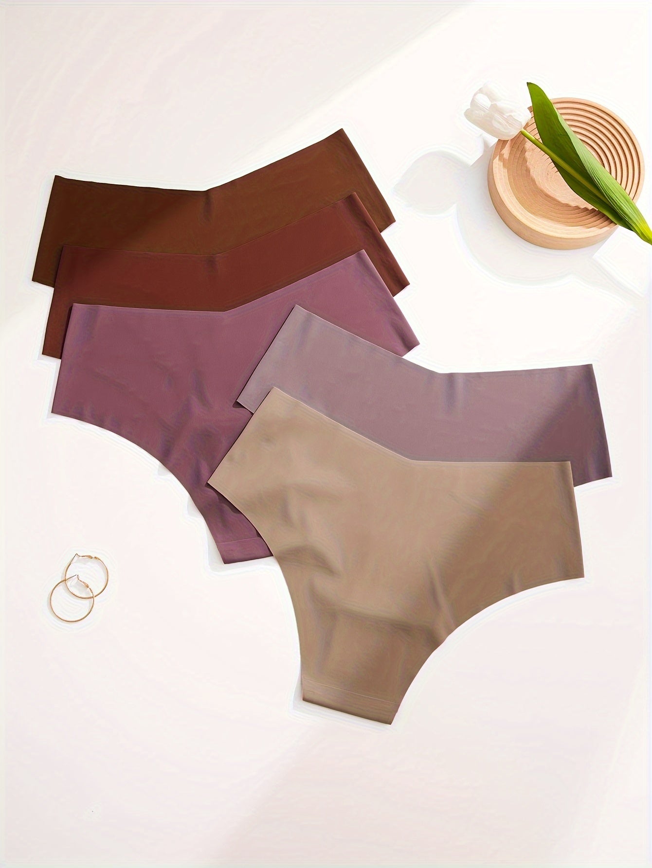 5pcs Women's Seamless Mid-Rise Hipster Panties - Comfortable, Breathable Nylon Blend, Assorted Colors (Brown, Purple, Dark Brown, Light Brown, Beige) | Smooth Finish, Minimalist