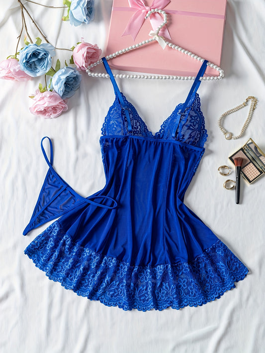 Elegant Royal Blue Lace Babydoll V-Neck Backless Chemise with Thong Set for Women, Polyester Sleepwear with Contrast Lace Detail, Light Support Knit Fabric Lingerie Ensemble
