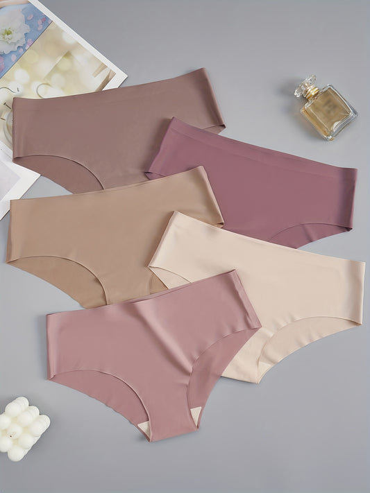 5pcs Seamless Women's Briefs - Soft, Comfortable Nylon Blend Underwear in Assorted Shades of Brown and Purple, Low-Rise, Stretch Fit, Non-See-Through, Comfortable Lingerie|Minimalist Style|Stretchy Nylon Blend