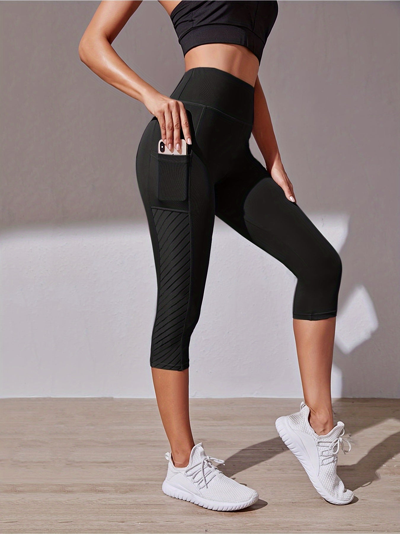 Wide Waistband Tummy Control Hip Lifting Sports Capri Pants, High Waist Stitching Mesh Capri Leggings - Nylon & Spandex Blend - For Women - Perfect for Yoga, Running & Fitness - Ideal Gift for Active Women