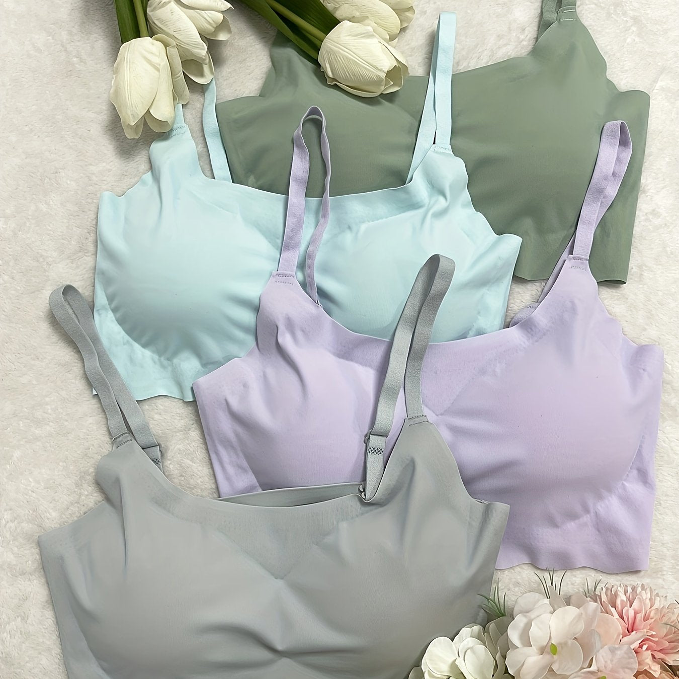4pcs Seamless Solid Comfortable Bralettes, Adjustable Straps Wireless Intimates Bra for Women's Lingerie & Underwear