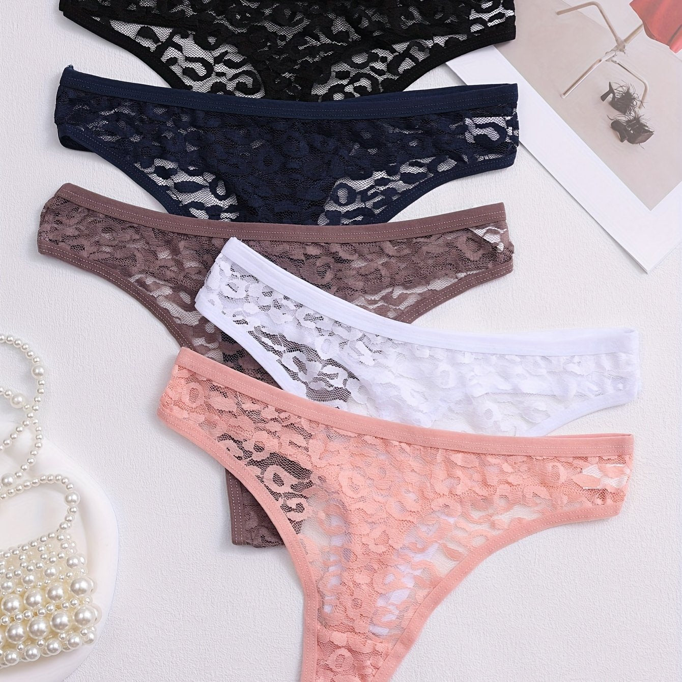 5pcs Solid Floral Lace Semi Sheer Thongs, Sexy Comfy Breathable Stretchy Intimates Panties, Women's Lingerie & Underwear