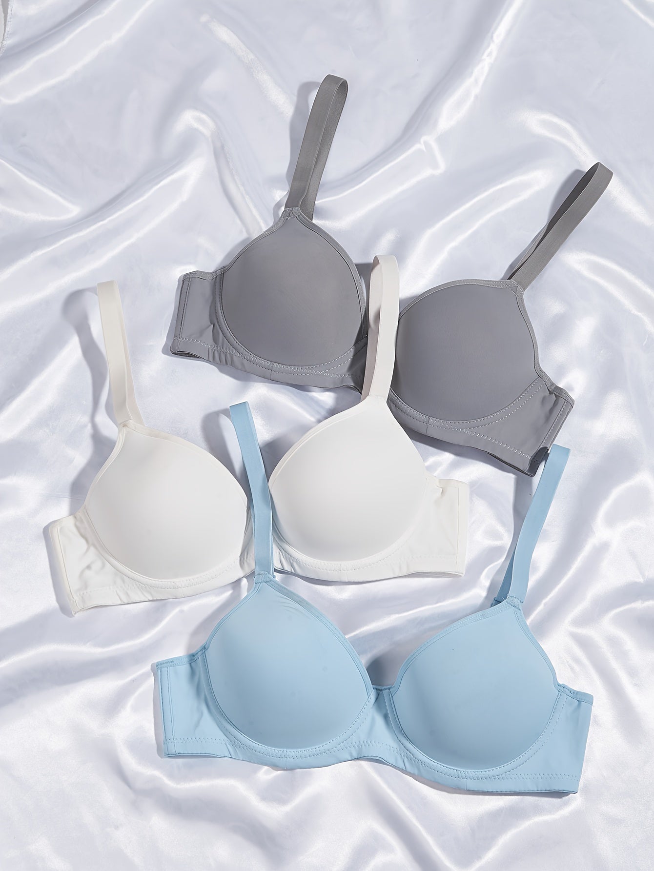 3pcs Simple Solid T-Shirt Bras, Comfy & Breathable Push Up Bra, Women's Lingerie & Underwear