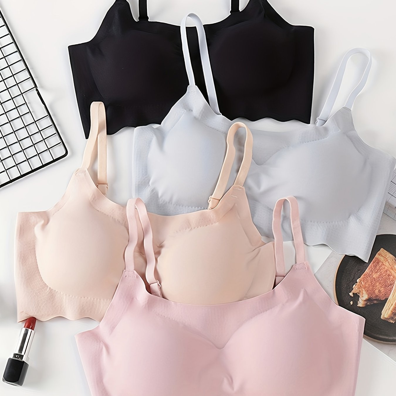 4pcs Seamless Solid Comfortable Bralettes, Adjustable Straps Wireless Intimates Bra for Women's Lingerie & Underwear