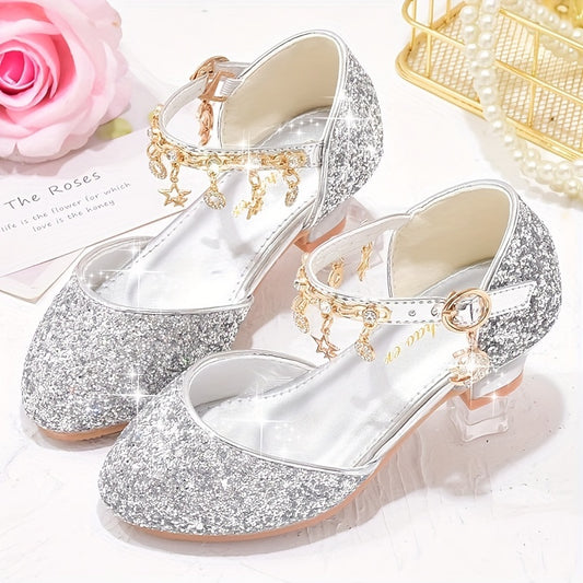 Sparkling Princess High Heels for Girls - Glittery Golden Sequin & Rhinestone Star Design, Elegant Ankle Suspender Dress Shoes for Weddings, Performances & Formal Events, Spring/Summer/Fall, Wedding Princess Shoes | Cute Fash