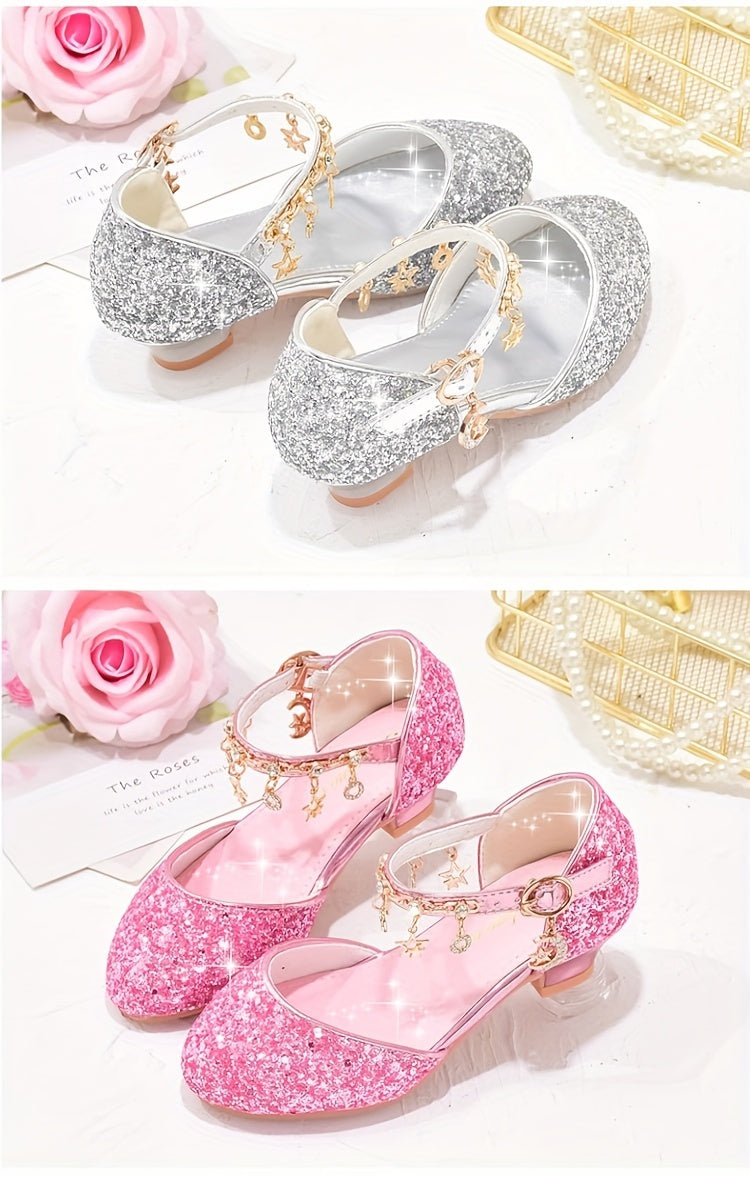 Sparkling Princess High Heels for Girls - Glittery Golden Sequin & Rhinestone Star Design, Elegant Ankle Suspender Dress Shoes for Weddings, Performances & Formal Events, Spring/Summer/Fall, Wedding Princess Shoes | Cute Fash
