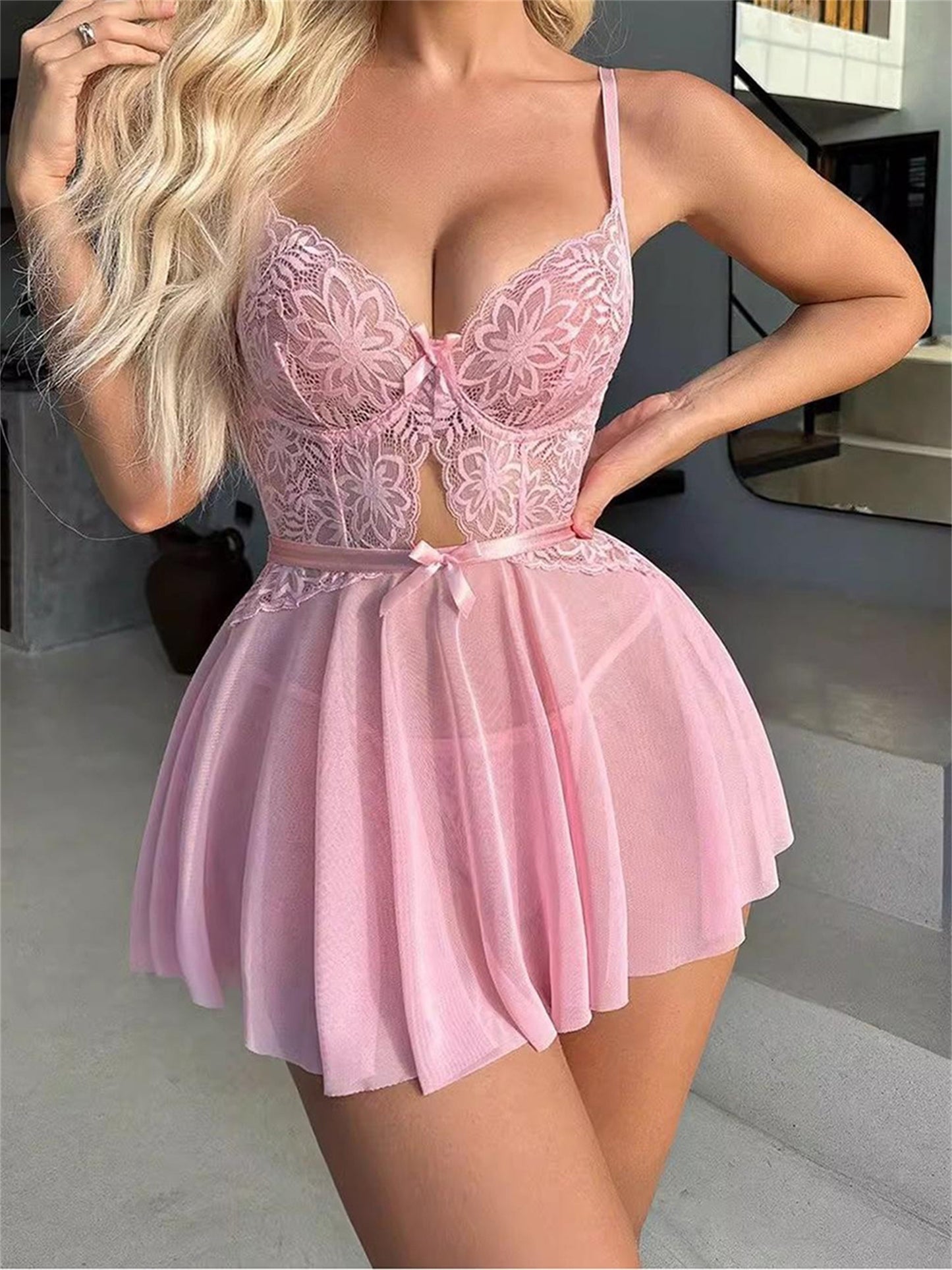 Women Lingerie Chemise Nightdress Lace See-Through Sleeveless Cami Dress Nightgown Sleepwear Slips Nightie with Thong