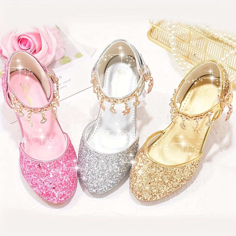 Sparkling Princess High Heels for Girls - Glittery Golden Sequin & Rhinestone Star Design, Elegant Ankle Suspender Dress Shoes for Weddings, Performances & Formal Events, Spring/Summer/Fall, Wedding Princess Shoes | Cute Fash