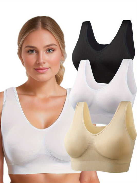 3pcs Women's Sports Bras Set, Plus Size Solid Seamless Non Padded Wireless versatile Running Bralette