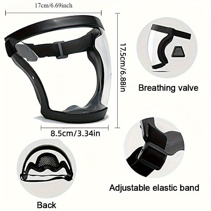 Adjustable Full Coverage Face Shield - 1pc Transparent Plastic Protective Screen With Air Vent And Breathing Valve, Comfortable Silicone Padding, Elastic Band For Kitchen And Industrial Use