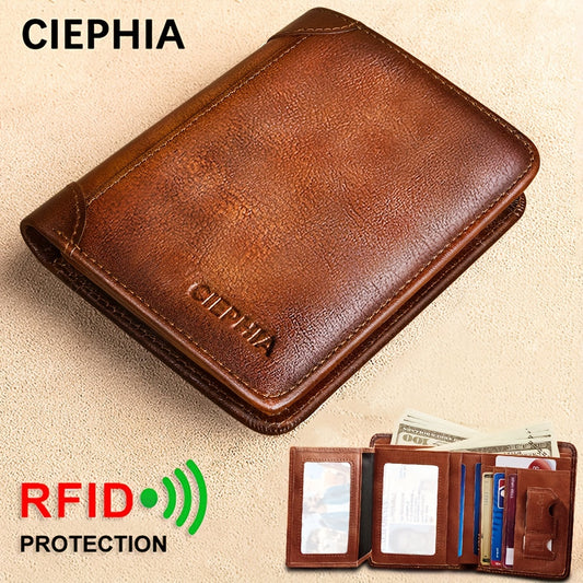 1pc CIEPHIA Vintage Genuine Leather RFID Blocking Wallet for Men - Slim, Multi-Functional ID & Credit Card Holder, Deep Brown with Embossed Logo, Ideal Gift for Valentine's Day