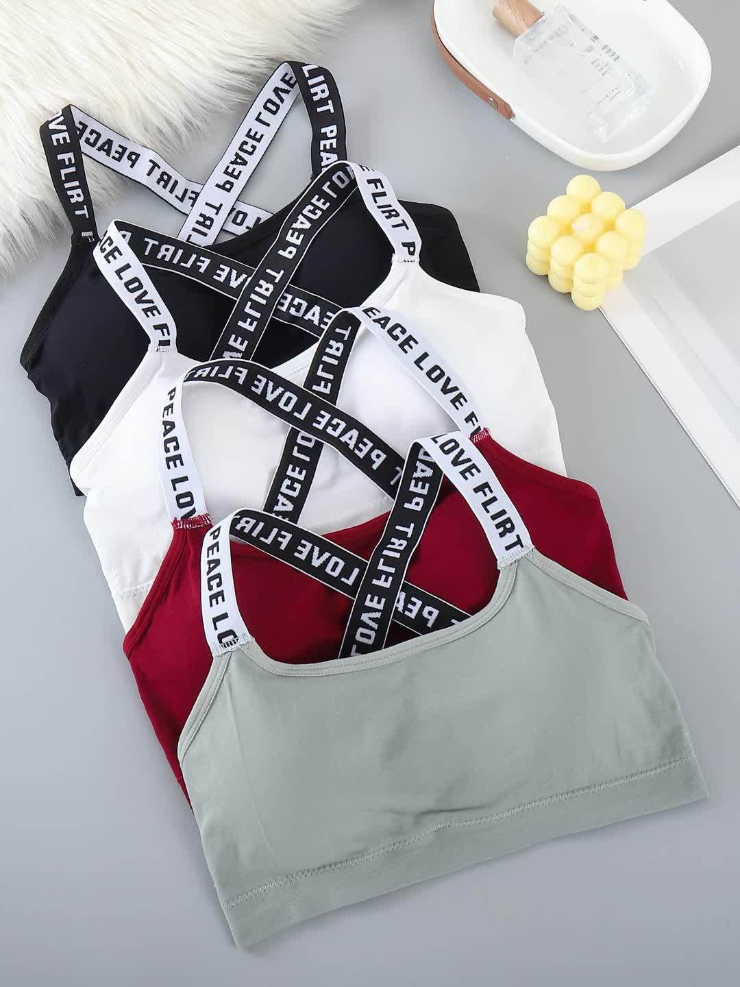 Comfortable And Breathable Set of 4 Lettered Sports Bras, Sleeveless Round Neck Activewear - Shockproof Running And Yoga Sports Underwear, Padded Wireless Women's Lingerie And Multi-Pack Sports Bras