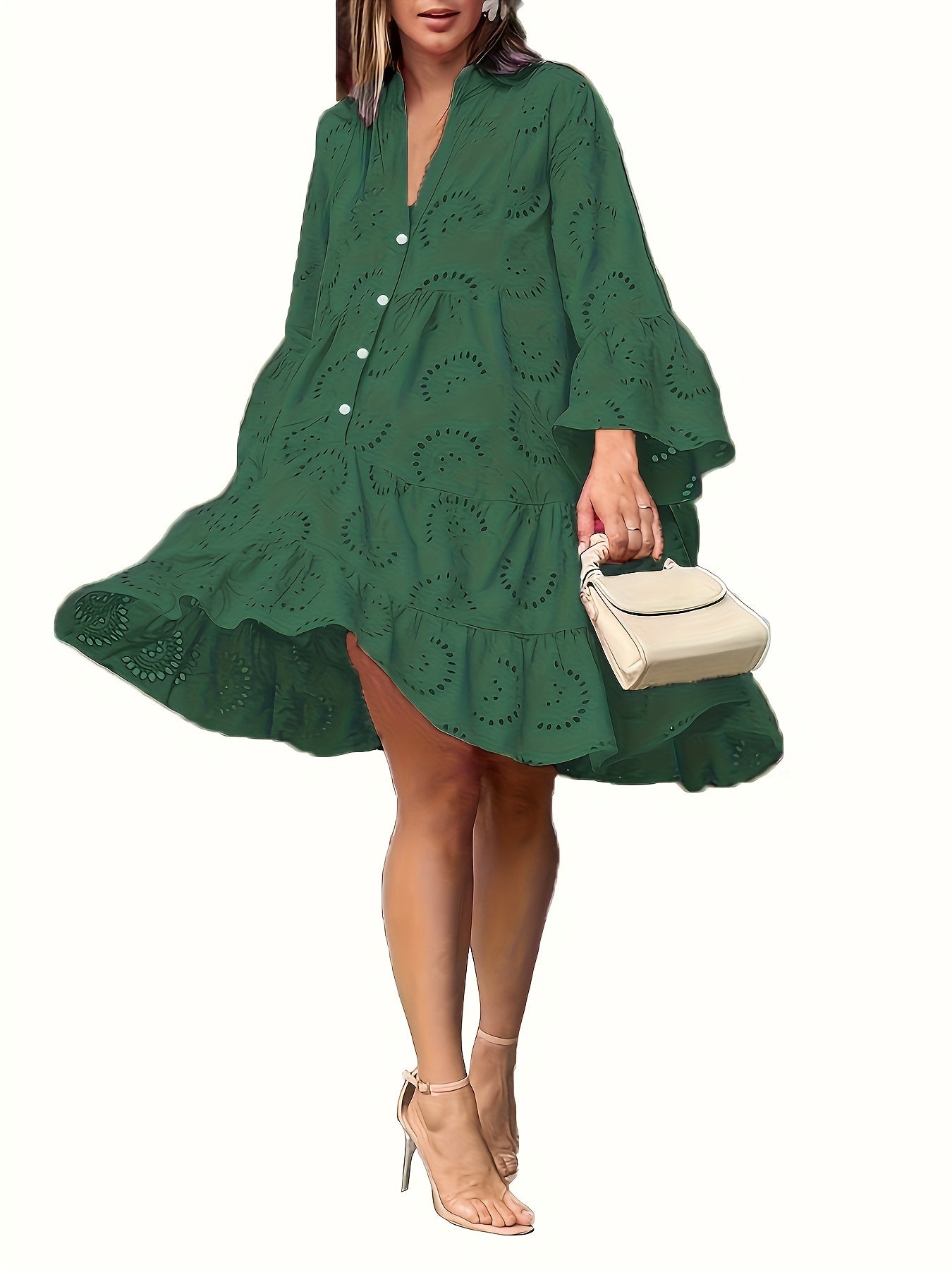 Elegant Green V-Neck Shift Dress with Embroidered Bell Sleeves - Lightweight, Loose Fit, Knee-Length with Button Closure and Eyelet Details, Perfect for All Seasons