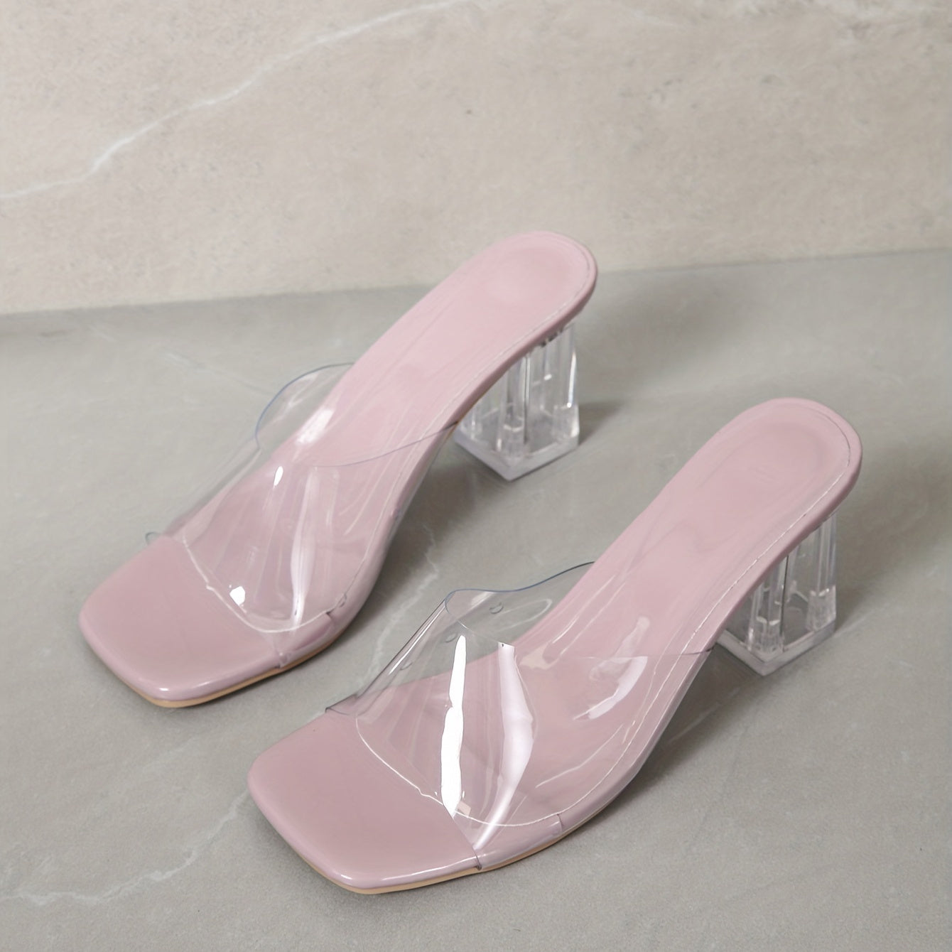 Women's Crystal Chunky Heel Sandals, Trendy Square Toe Transparent Strap Heels, Comfortable Pumps