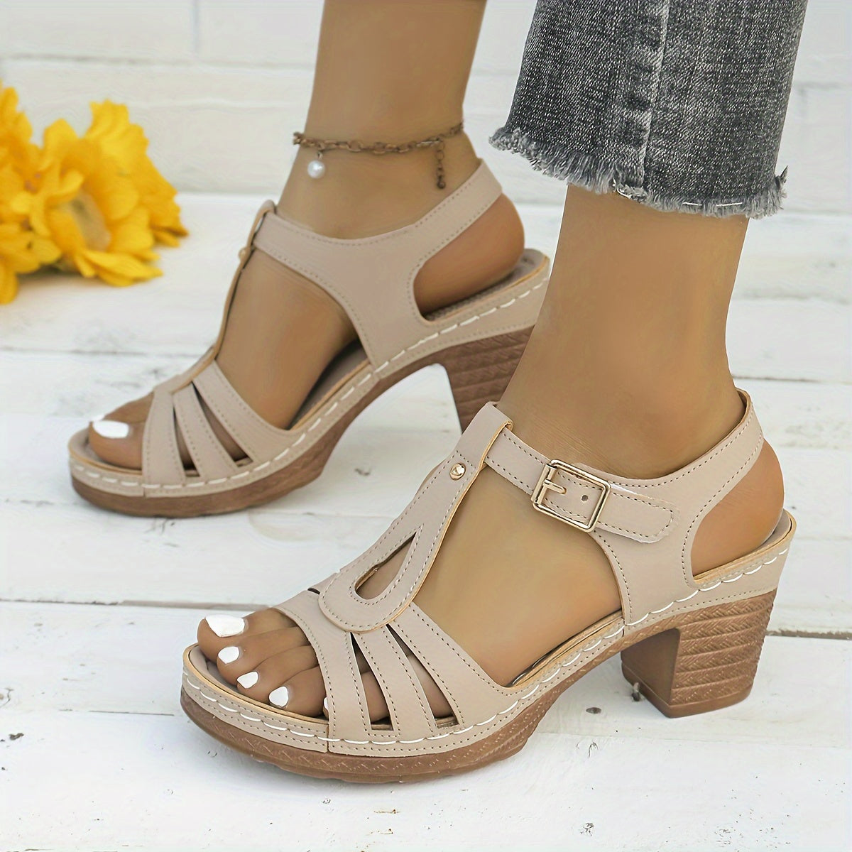 Summer High Heels Women's One-Strap Solid Color Stylish Sandals, Casual Non-Slip Chunky T-Strap