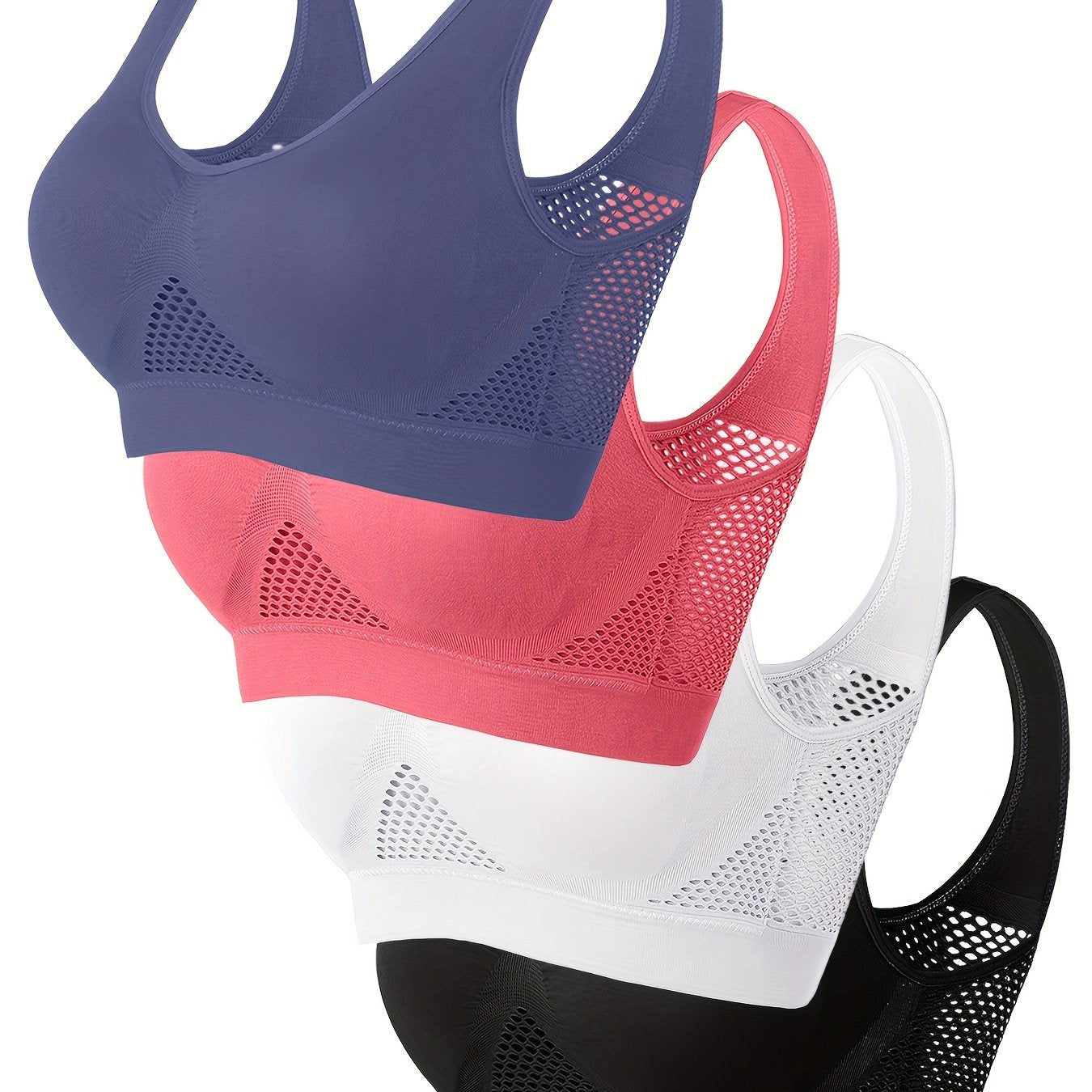 Wireless, Breathable 4pcs Women's Sports Bras - Padded, Mesh with Racerback Design for Yoga, Fitness, Running - Pink, White, Purple, Black, Workout Accessories