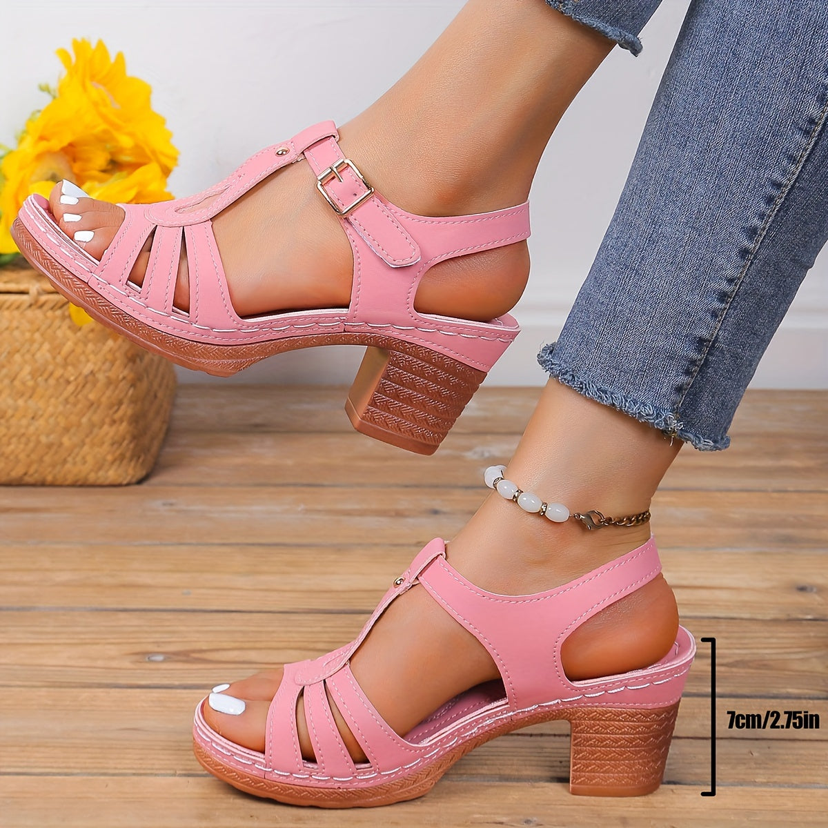 Summer High Heels Women's One-Strap Solid Color Stylish Sandals, Casual Non-Slip Chunky T-Strap