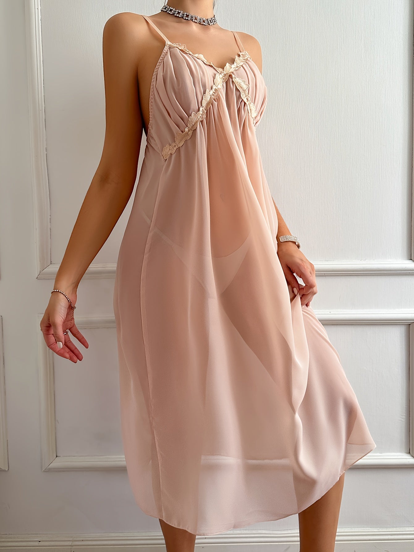 Elegant Lace Trim Comfy Chemise, Spaghetti Strap Semi Sheer Backless Cami Slip Dress, Women's Sexy Lingerie & Underwear