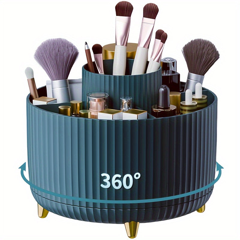 Durable 360° Rotating Makeup Organizer - 1pc Plastic Multi-Functional Holder - 5 Compartments for Brushes, Lipsticks, Skin Care Products, and Stationery with Luxury Stripe Design