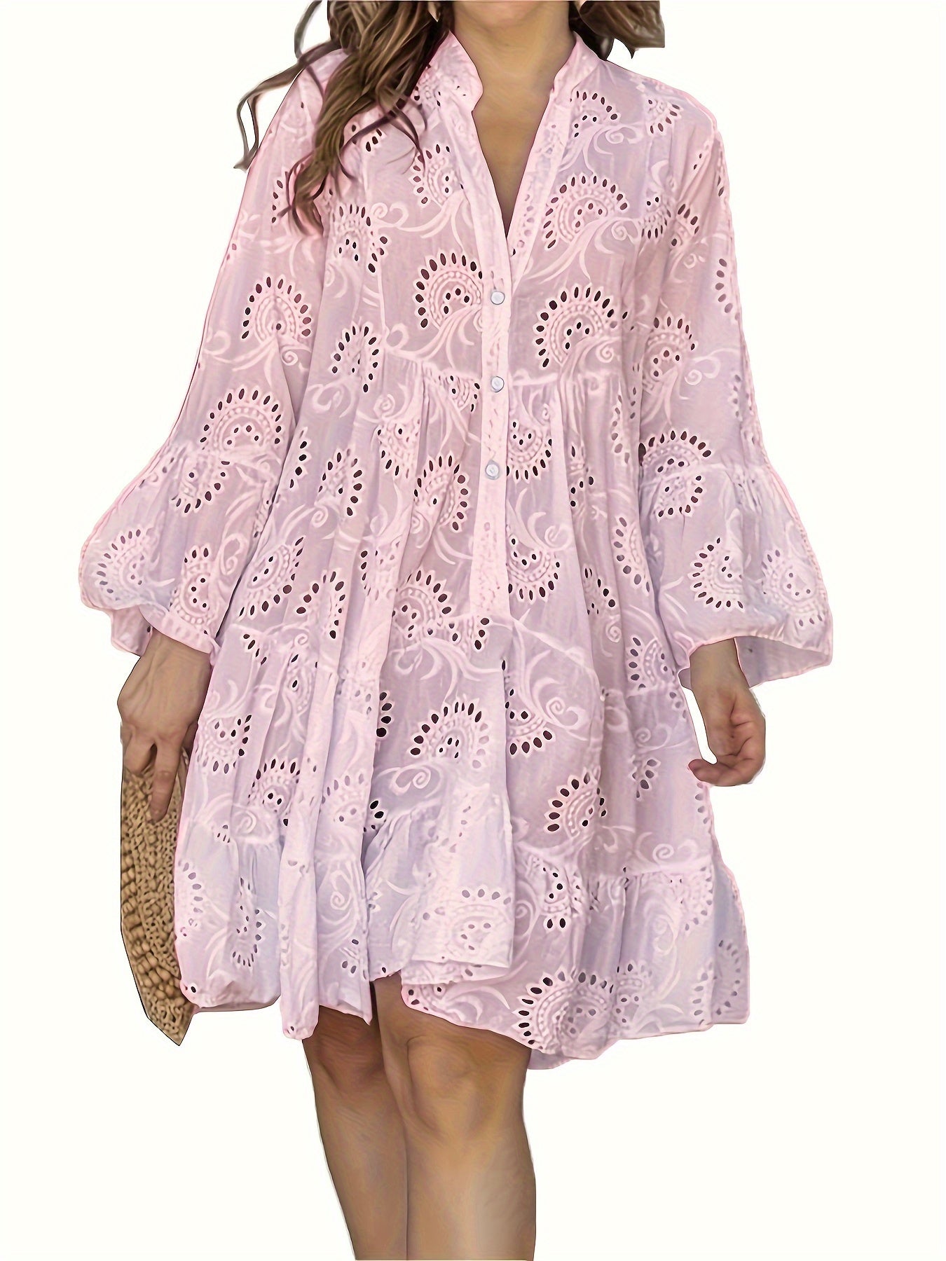 Elegant Green V-Neck Shift Dress with Embroidered Bell Sleeves - Lightweight, Loose Fit, Knee-Length with Button Closure and Eyelet Details, Perfect for All Seasons