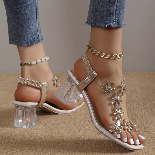 Women's Rhinestone Block Heel Sandals with Square Open Toe, Elastic Straps, Slip-On Heels for Versatile Style