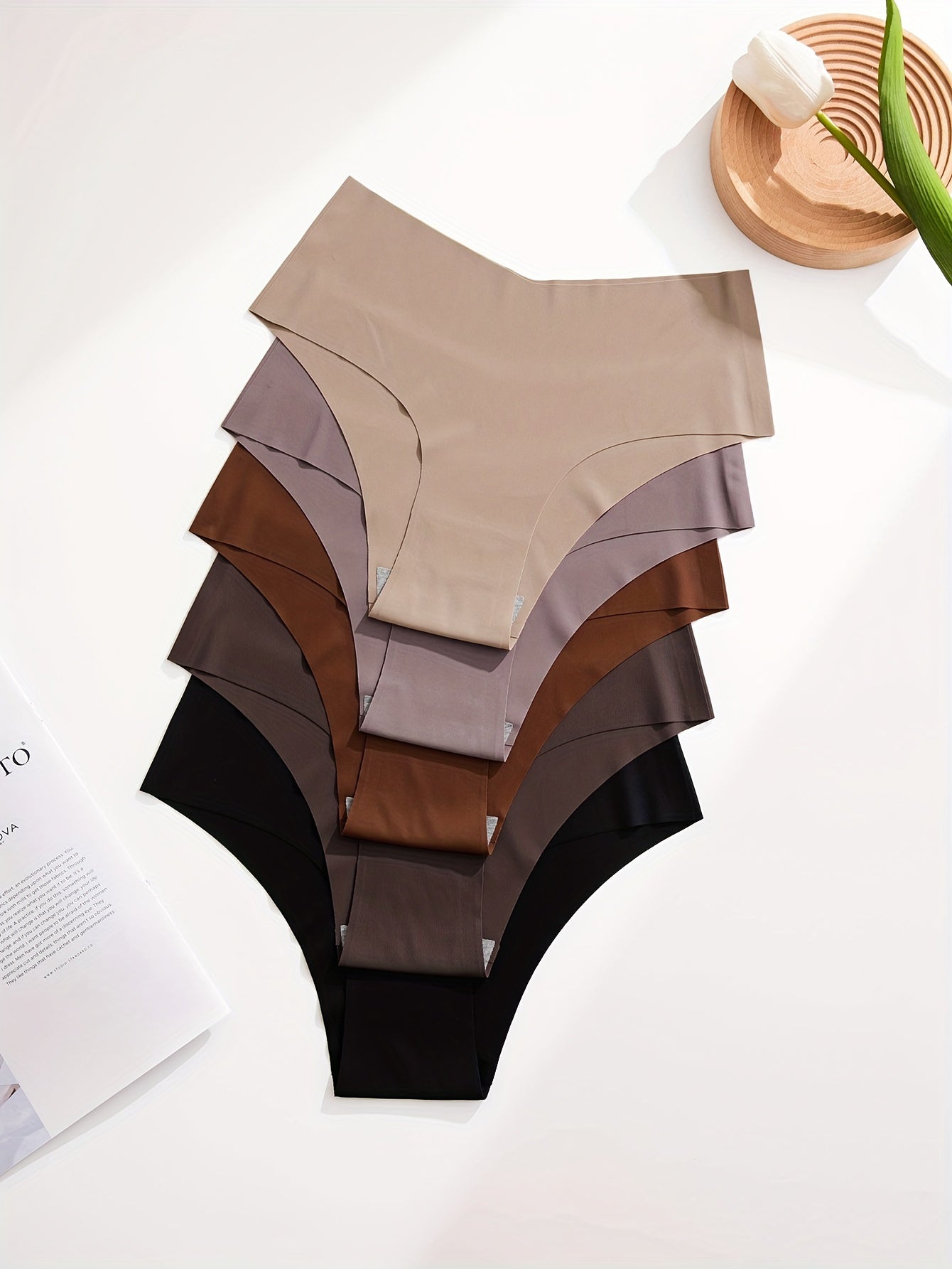 5pcs Women's Seamless Mid-Rise Hipster Panties - Comfortable, Breathable Nylon Blend, Assorted Colors (Brown, Purple, Dark Brown, Light Brown, Beige) | Smooth Finish, Minimalist
