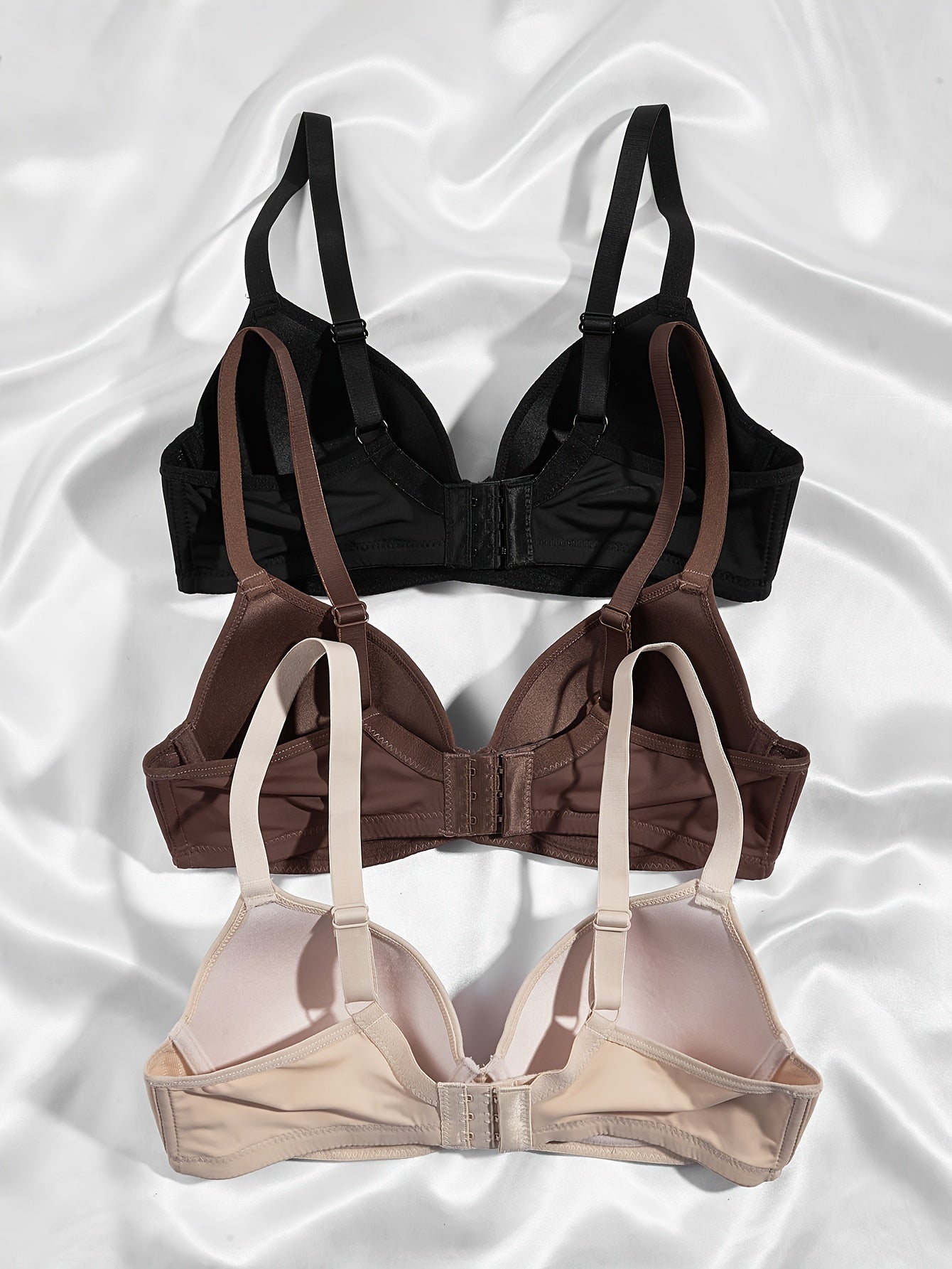 3pcs Simple Solid T-Shirt Bras, Comfy & Breathable Push Up Bra, Women's Lingerie & Underwear