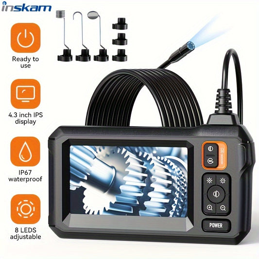 Industrial Endoscope, 8mm Digital Borescope Inspection Camera 4.3 Inch IPS LCD Screen IP67 Waterproof Snake Camera With 8 LED Lights, 1/5/10m Semi-Rigid Cable, Auto Repair Plumbing House Auxiliary Inspection