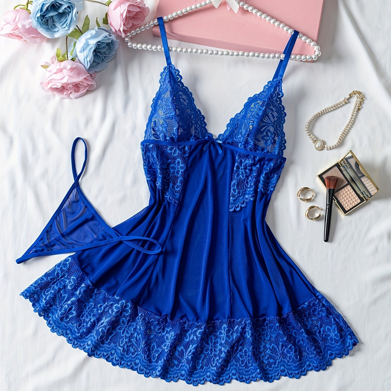 Elegant Royal Blue Lace Babydoll V-Neck Backless Chemise with Thong Set for Women, Polyester Sleepwear with Contrast Lace Detail, Light Support Knit Fabric Lingerie Ensemble