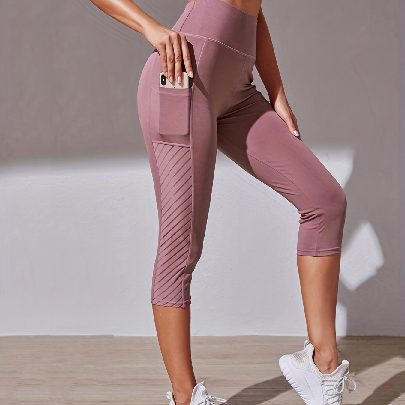 Wide Waistband Tummy Control Hip Lifting Sports Capri Pants, High Waist Stitching Mesh Capri Leggings - Nylon & Spandex Blend - For Women - Perfect for Yoga, Running & Fitness - Ideal Gift for Active Women
