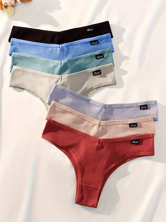 Simple 7pcs Breathable Ribbed Briefs - Letter Label Patched Intimates Panties - Women's Lingerie & Underwear