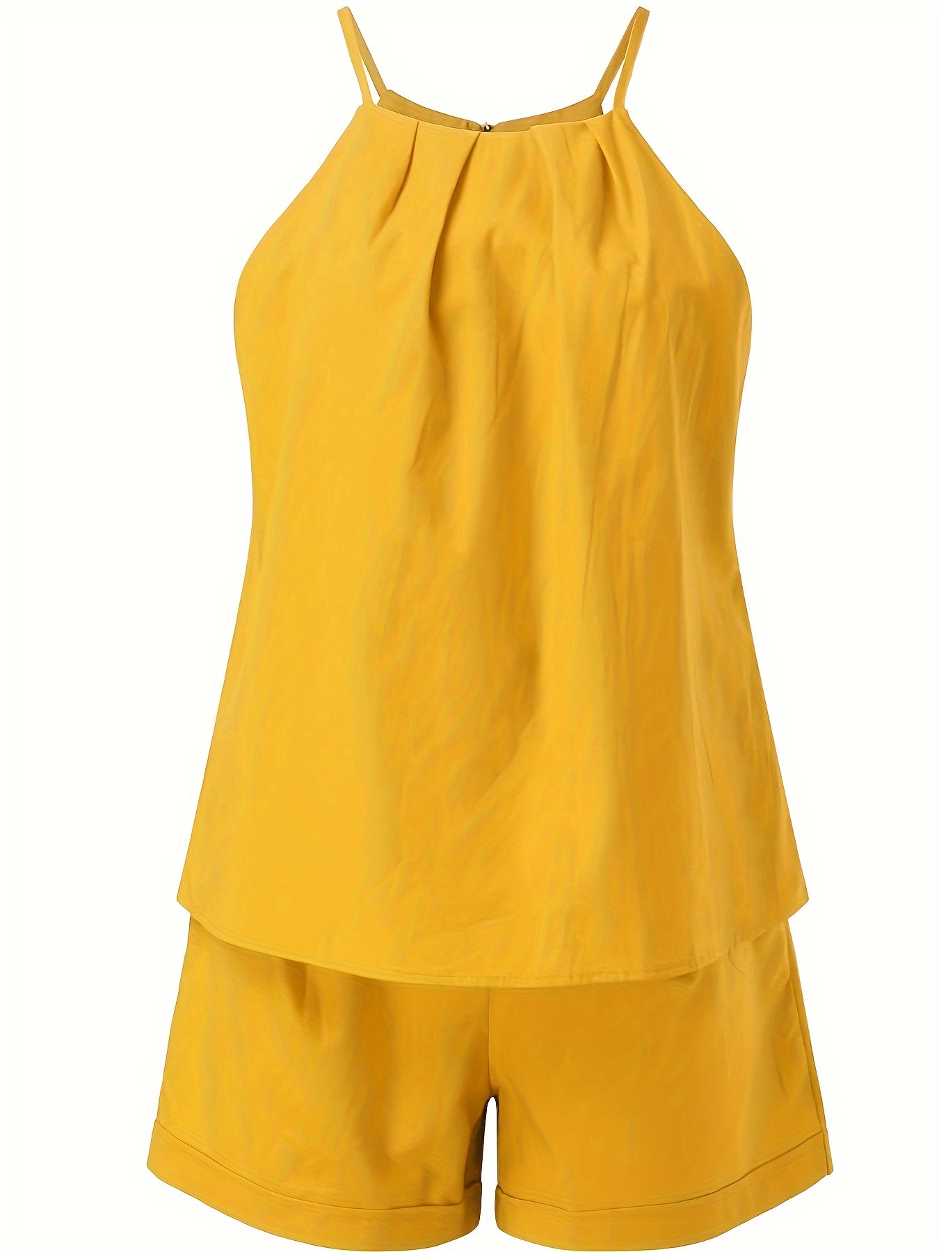 Sleeveless Two-piece Set - Solid Casual Outfits, Pocket Shorts & Top - Women's Clothing