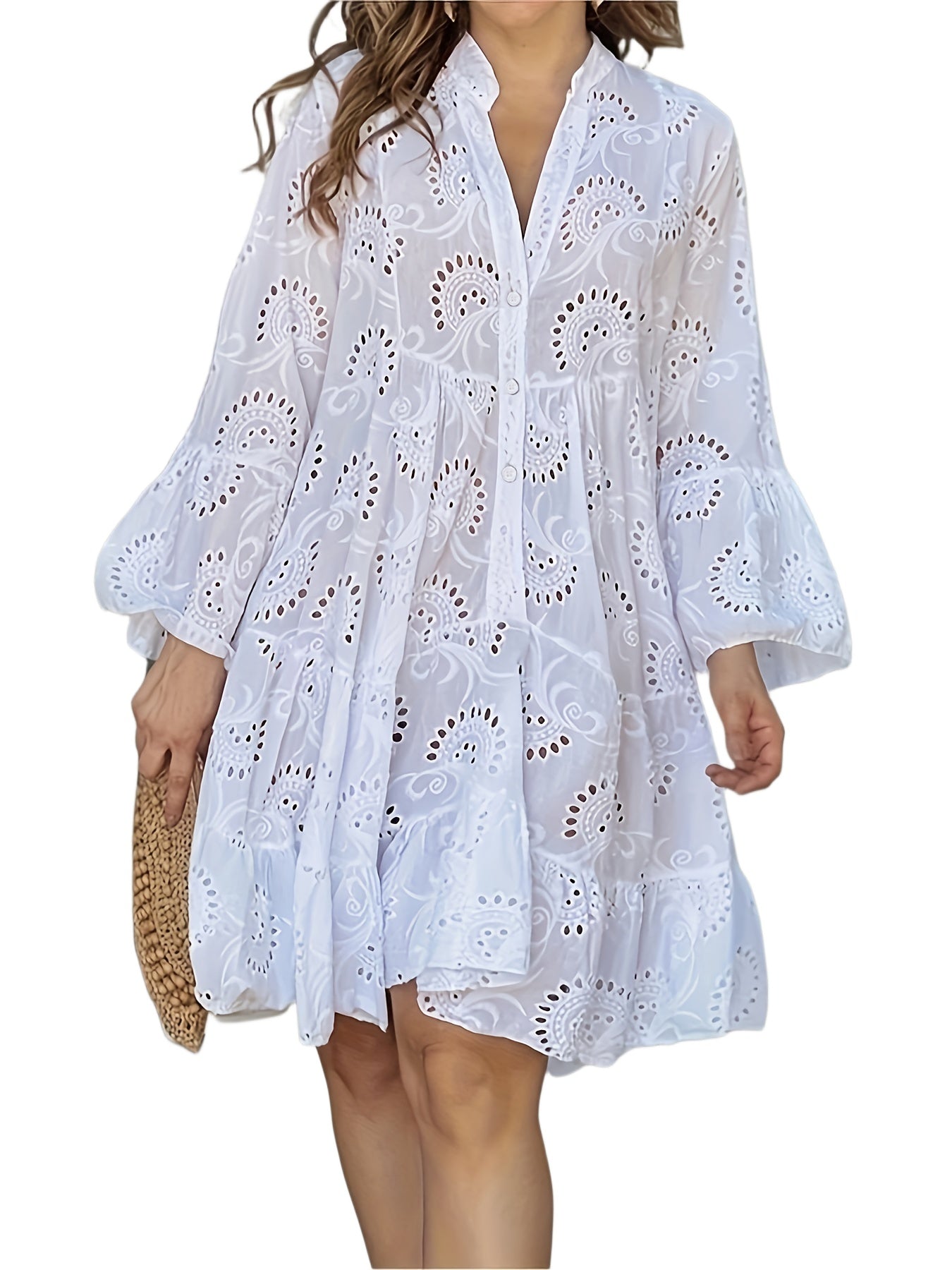 Elegant Green V-Neck Shift Dress with Embroidered Bell Sleeves - Lightweight, Loose Fit, Knee-Length with Button Closure and Eyelet Details, Perfect for All Seasons