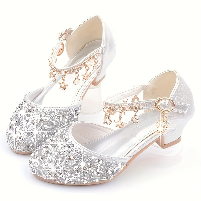 Sparkling Princess High Heels for Girls - Glittery Golden Sequin & Rhinestone Star Design, Elegant Ankle Suspender Dress Shoes for Weddings, Performances & Formal Events, Spring/Summer/Fall, Wedding Princess Shoes | Cute Fash