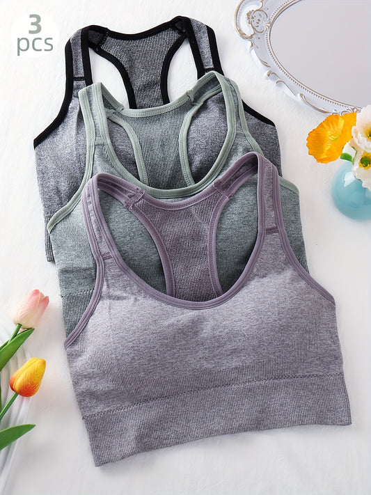 3-Pack Women's Sports Bras, Seamless Racerback Yoga Fitness Tank Tops, Breathable Running Vest with Hollow Out Back Design, Assorted Colors