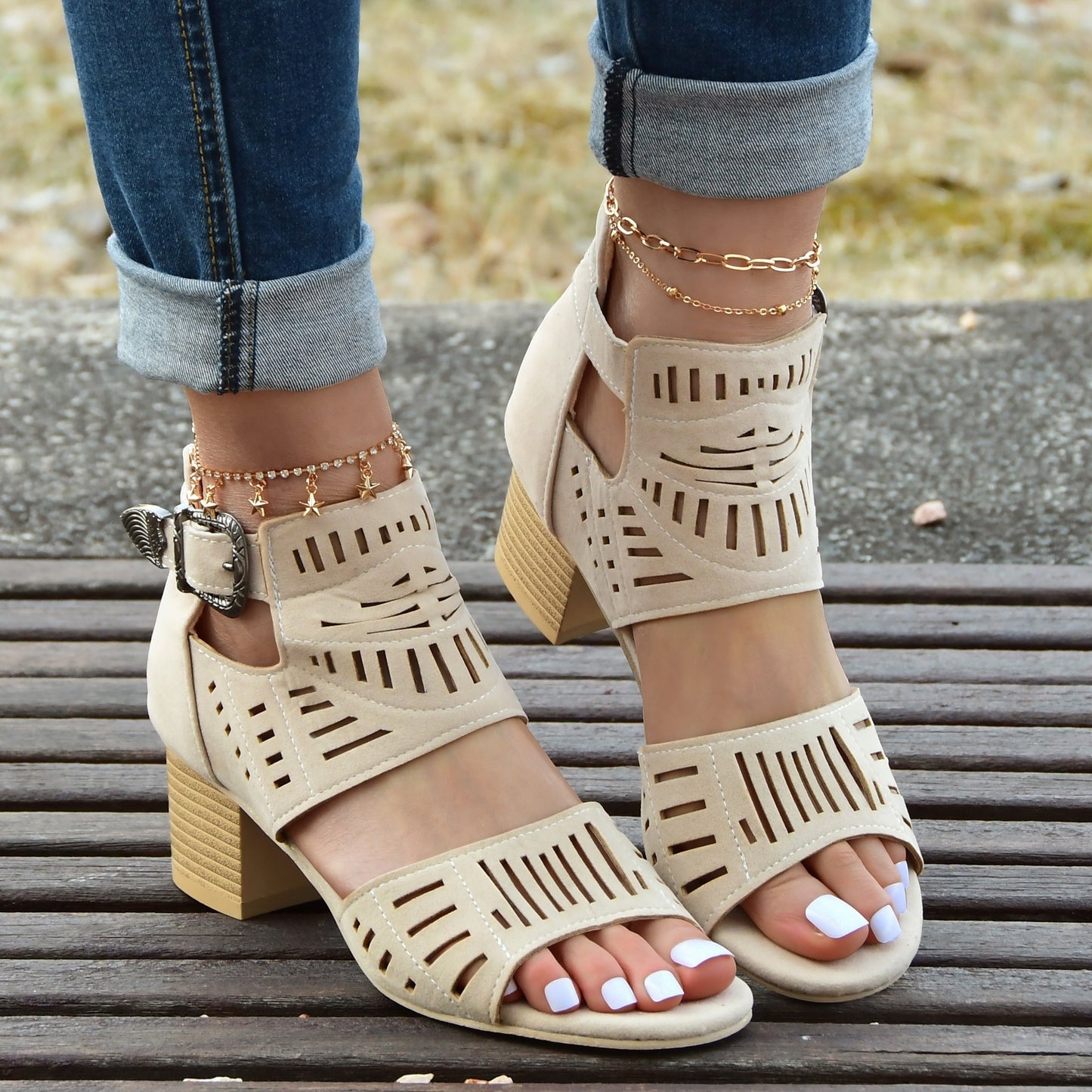 Women's Hollow Out High Heels, Fashion Peep Toe Buckle Strap Block Heels, Back Zipper Design Sandals