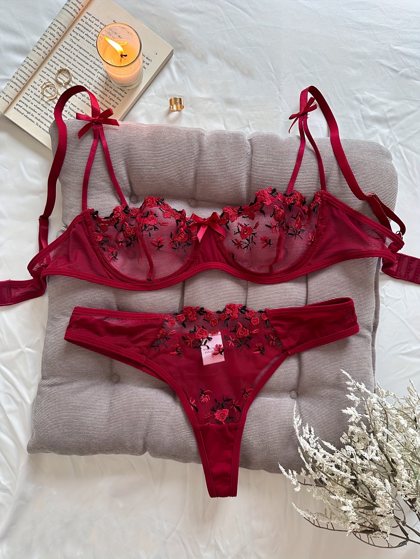 Sexy Floral Embroidery Lingerie Set - Women's Mesh Unlined Bra and Panty, Delicate Underwear for Romantic Nights - Soft, Breathable, and Comfortable