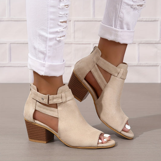 Chic Retro Peep Toe Sandals - Solid Color Cut-out Style with Comfortable Chunky Heel, Adjustable Back Zipper for Easy Wear - Durable Low Stacked Heels for All-Day Chic