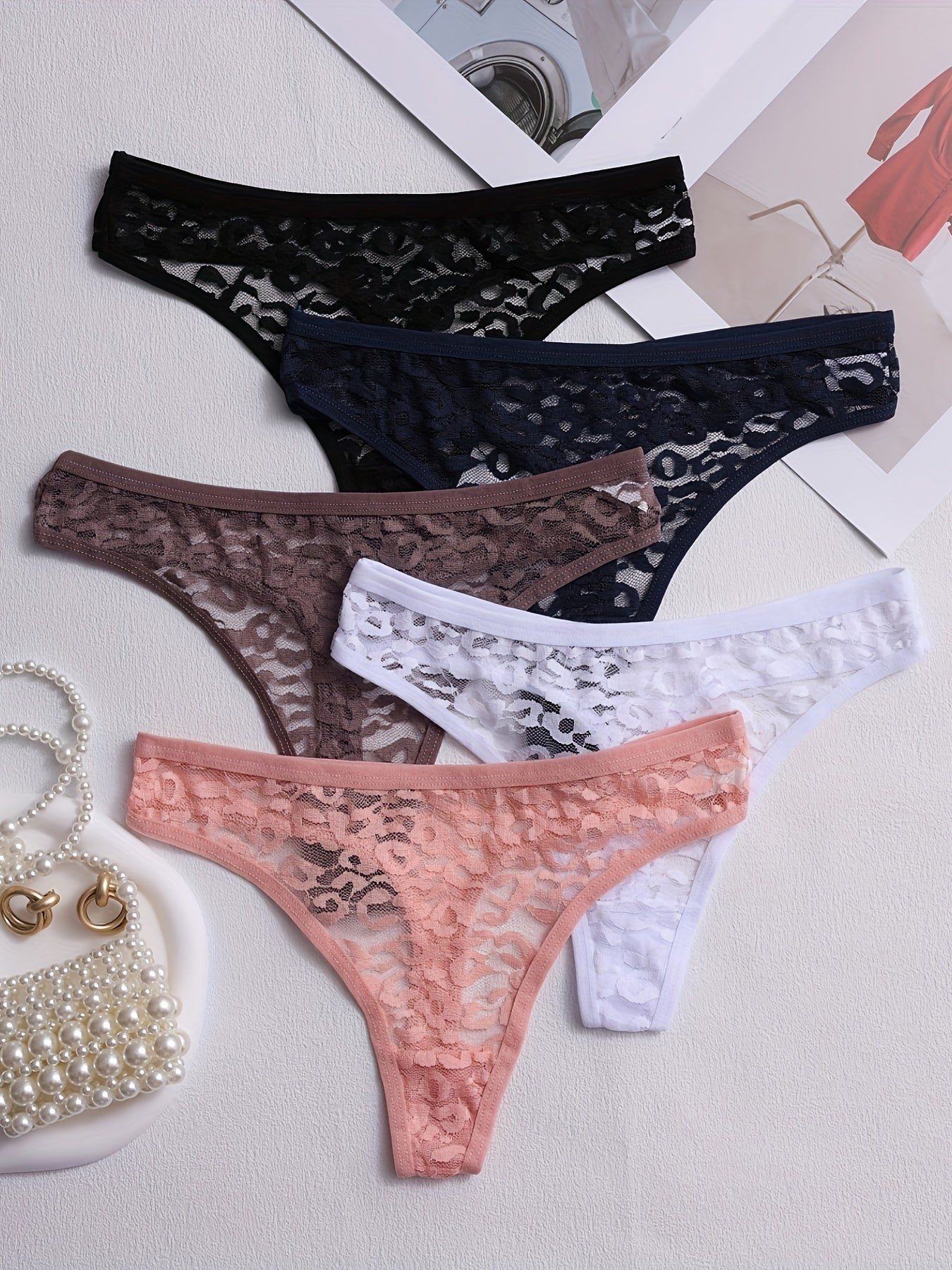 5pcs Solid Floral Lace Semi Sheer Thongs, Sexy Comfy Breathable Stretchy Intimates Panties, Women's Lingerie & Underwear