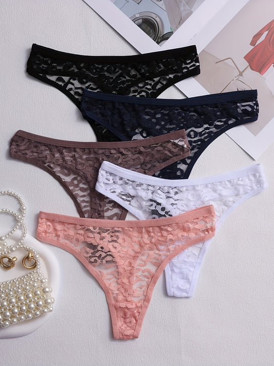 5pcs Solid Floral Lace Semi Sheer Thongs, Sexy Comfy Breathable Stretchy Intimates Panties, Women's Lingerie & Underwear