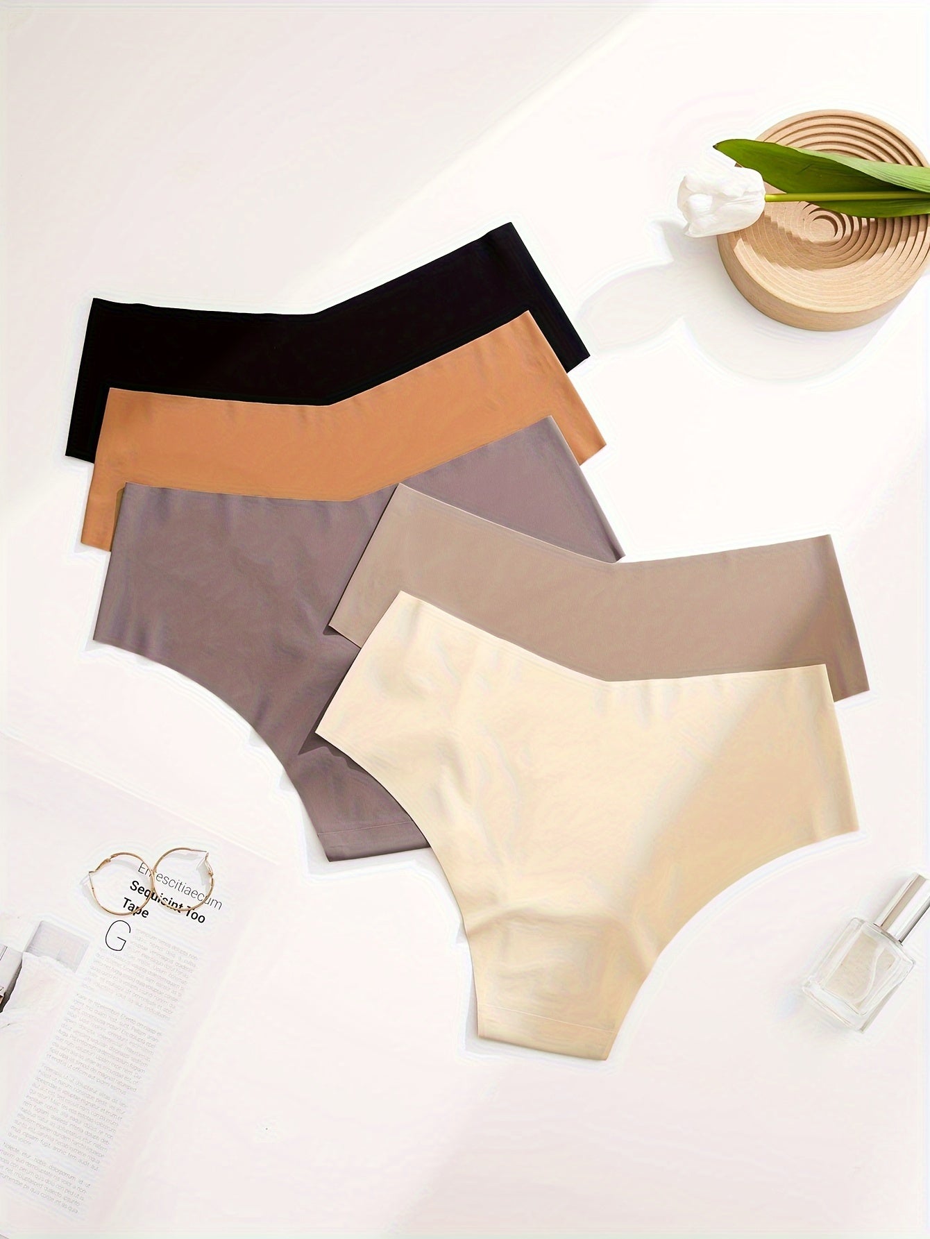 5pcs Women's Seamless Mid-Rise Hipster Panties - Comfortable, Breathable Nylon Blend, Assorted Colors (Brown, Purple, Dark Brown, Light Brown, Beige) | Smooth Finish, Minimalist