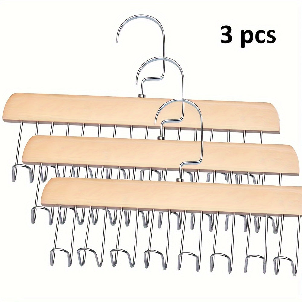 3-Pack Wood Bra Hanger with 8 Hooks - Space-Saving Closet Organizer for 24 Bras, Tank Tops, Camisoles, Swimsuits, and Strappy Dresses - 360° Rotating, Easy Storage, and Perfect for Dorm and Apartment