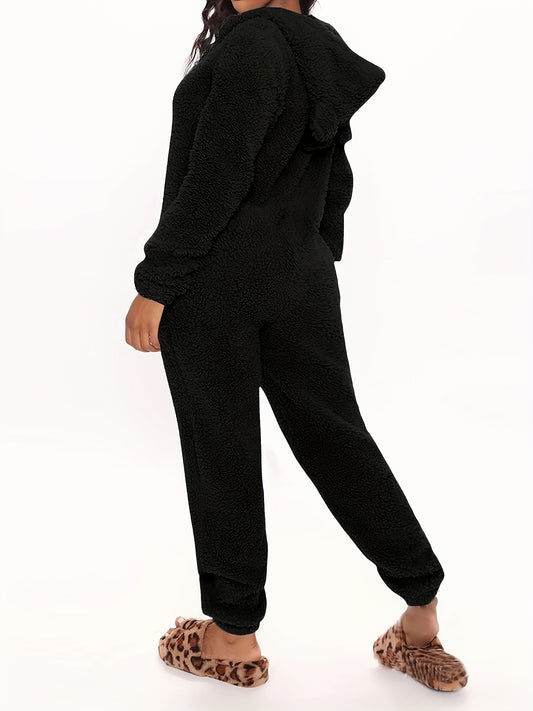 Fuzzy Hooded Pajama Jumpsuit For Music Festival, Comfy & Cute Long Sleeve Zipper Pajamas, Women's Lingerie & Sleepwear
