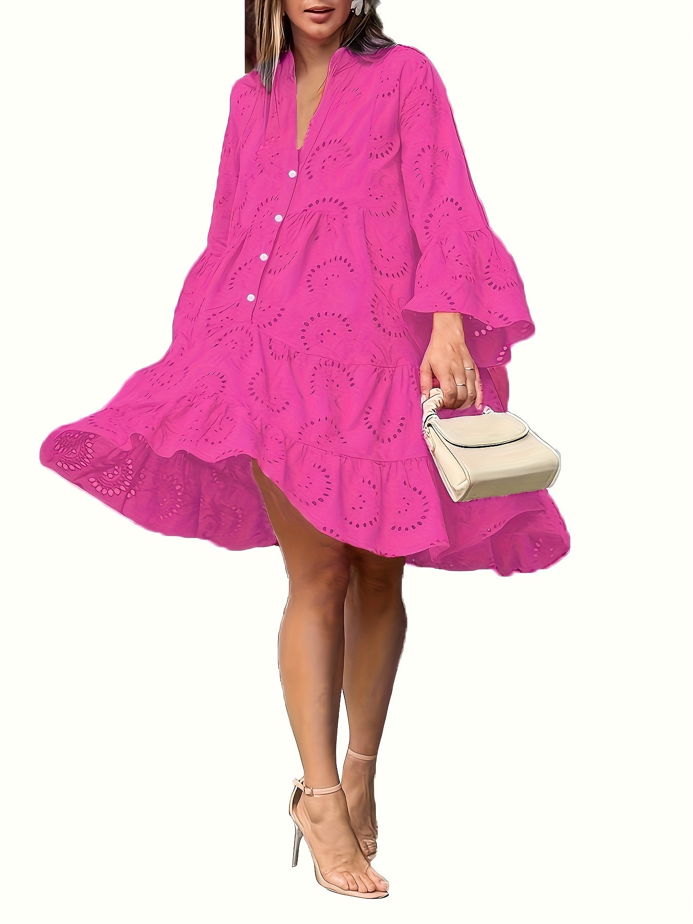 Elegant Green V-Neck Shift Dress with Embroidered Bell Sleeves - Lightweight, Loose Fit, Knee-Length with Button Closure and Eyelet Details, Perfect for All Seasons