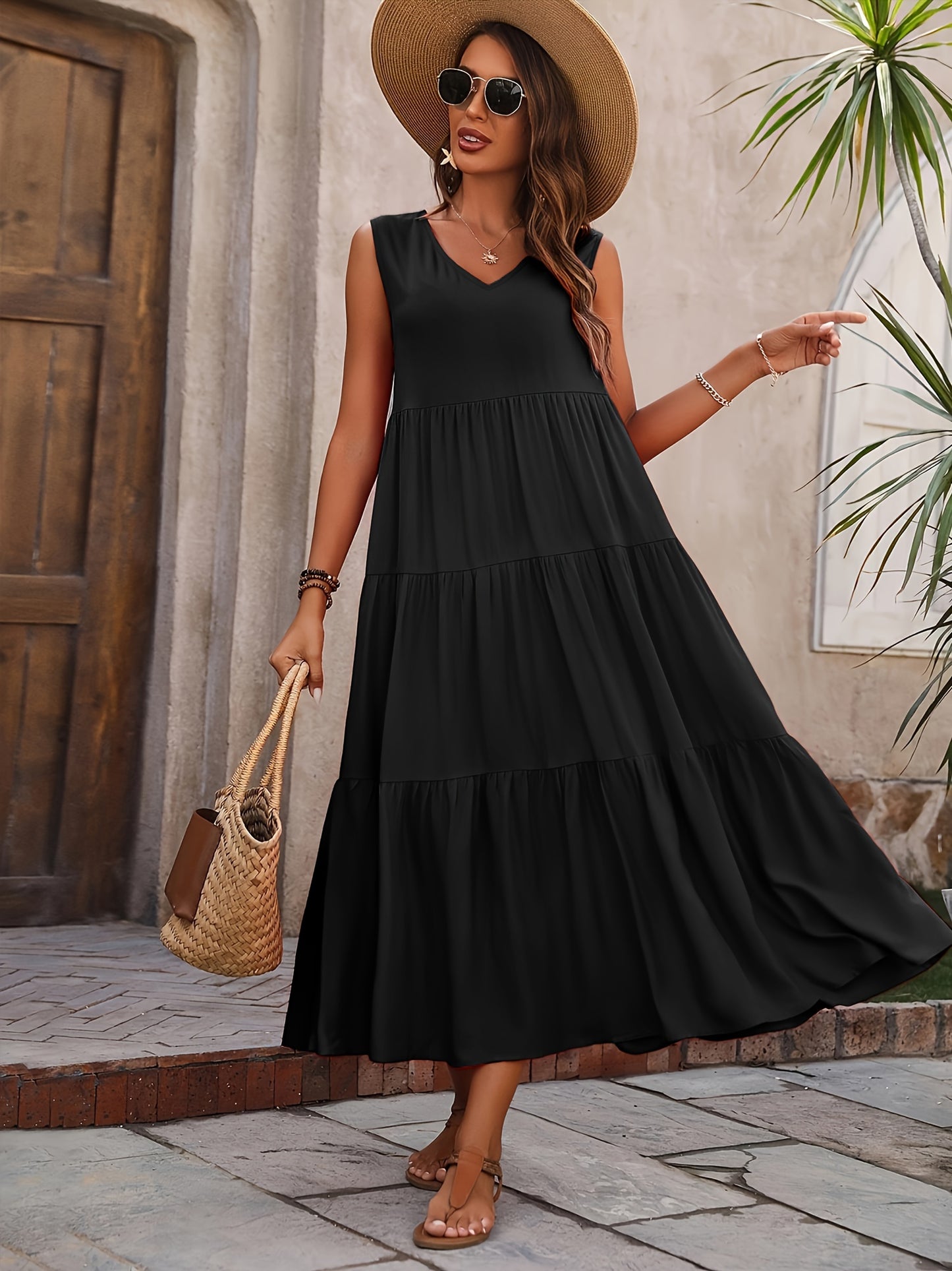 Loose V Neck Ruffle Hem Dress, Casual Sleeveless Dress For Spring & Summer, Women's Clothing