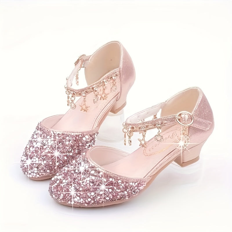 Sparkling Princess High Heels for Girls - Glittery Golden Sequin & Rhinestone Star Design, Elegant Ankle Suspender Dress Shoes for Weddings, Performances & Formal Events, Spring/Summer/Fall, Wedding Princess Shoes | Cute Fash
