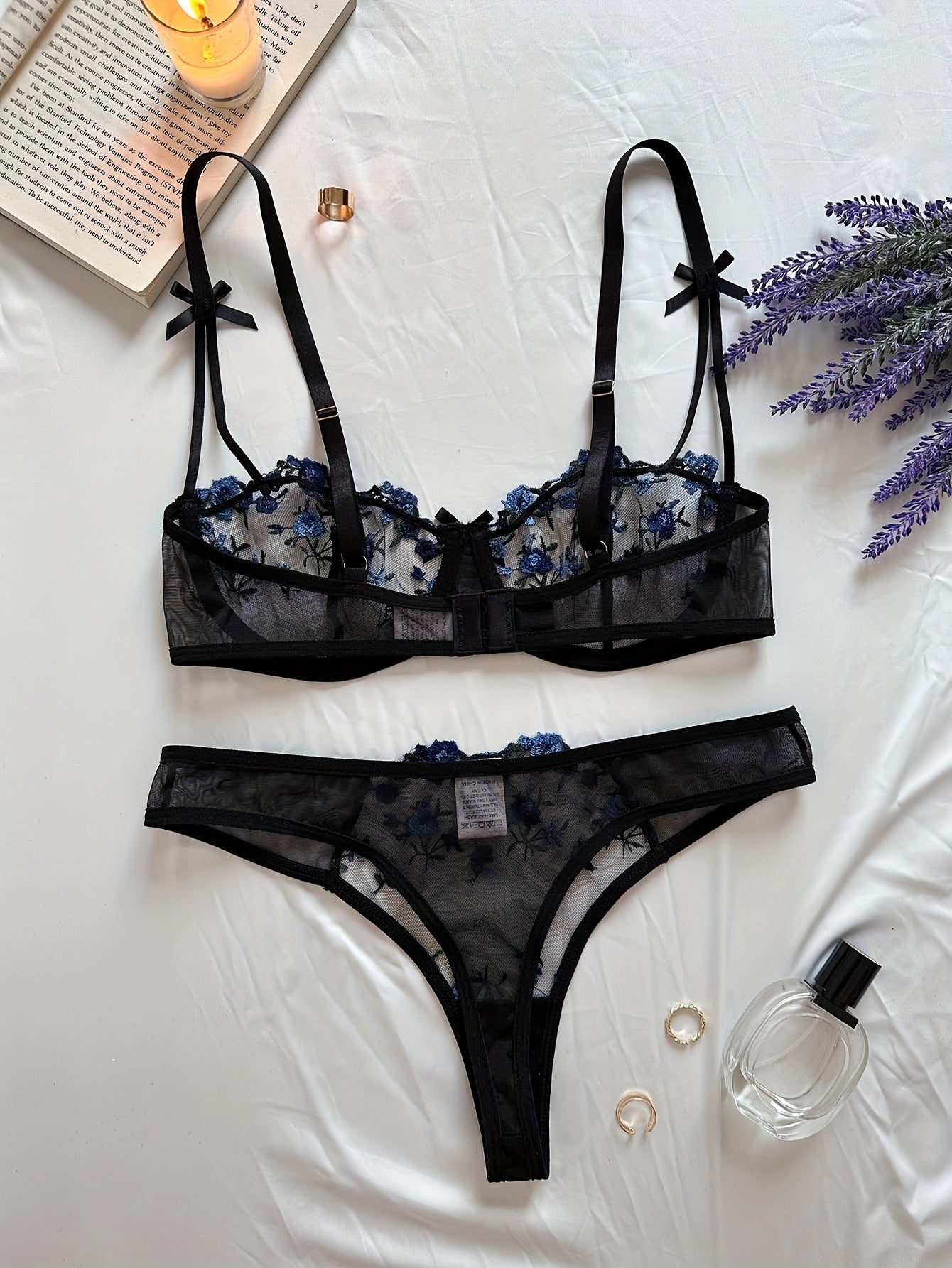 Sexy Floral Embroidery Lingerie Set - Women's Mesh Unlined Bra and Panty, Delicate Underwear for Romantic Nights - Soft, Breathable, and Comfortable