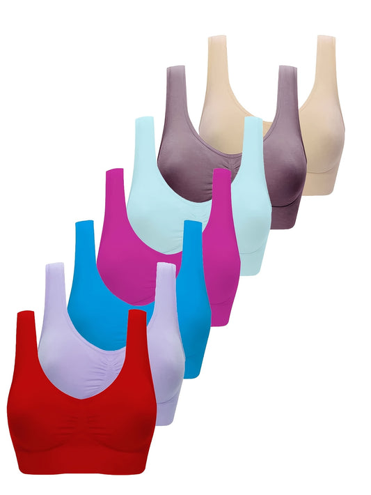 7pcs Women's Sports Bras, Wireless Nylon Knit Fabric, Solid Color, Breathable Workout Tank Bra, 92% Nylon 8% Elastane, Adult Athletic Underwear, Bra And Panty Set