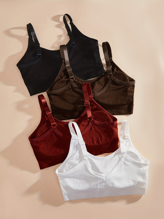 4pcs Solid Ribbed Comfy Sports Bras, Breathable Running Workout Bra for Women