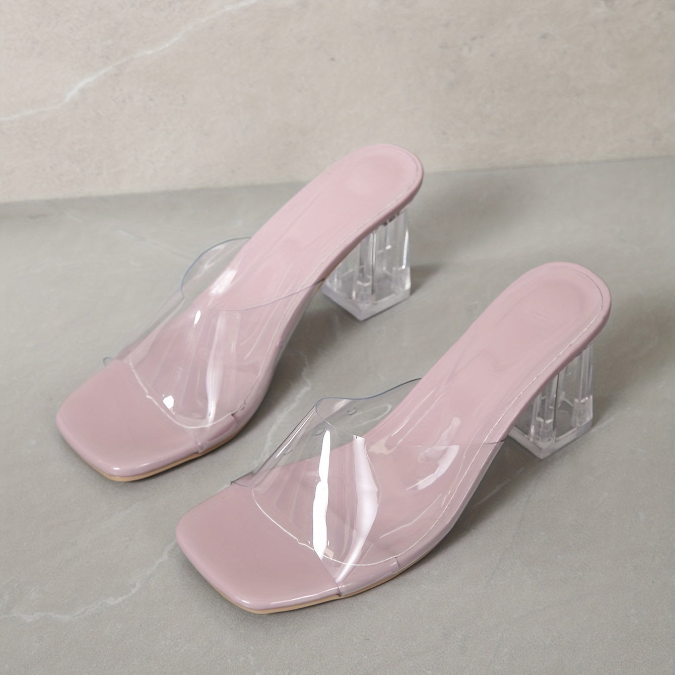 Women's Crystal Chunky Heel Sandals, Trendy Square Toe Transparent Strap Heels, Comfortable Pumps